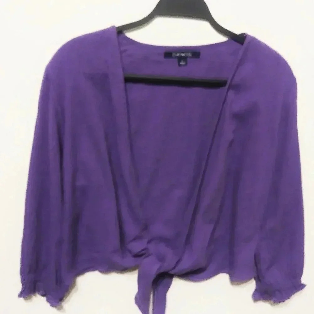 Chadwicks Womens Purple Cotton Tie Front Crop Top Long Sleeve Ruffle Cuff Size L